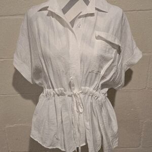 New Collection Women's Front Pocket Drawstring Waist Button Front White Sz M.